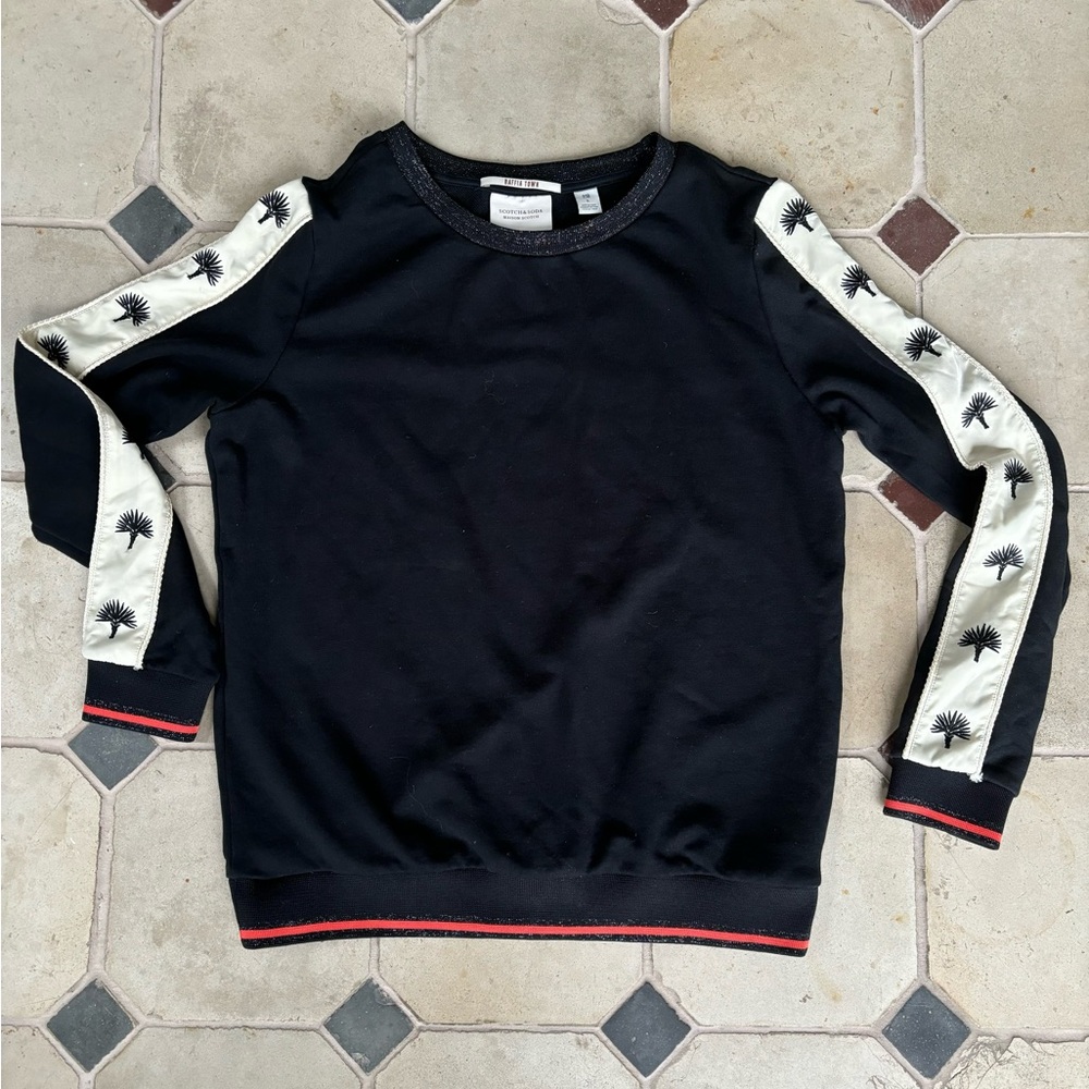 Scotch & Soda Black Sweatshirt with Embroidered Palm Tree Sleeve Design